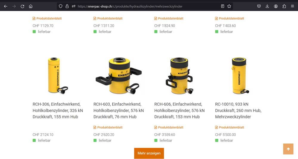 Screenshot Onlineshop Enerpac Shop